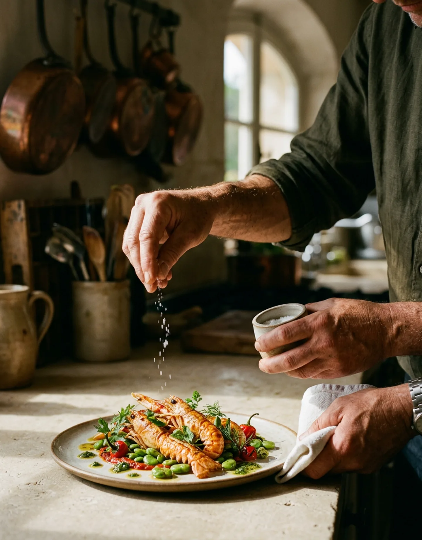 Hands arranging a plate of food.