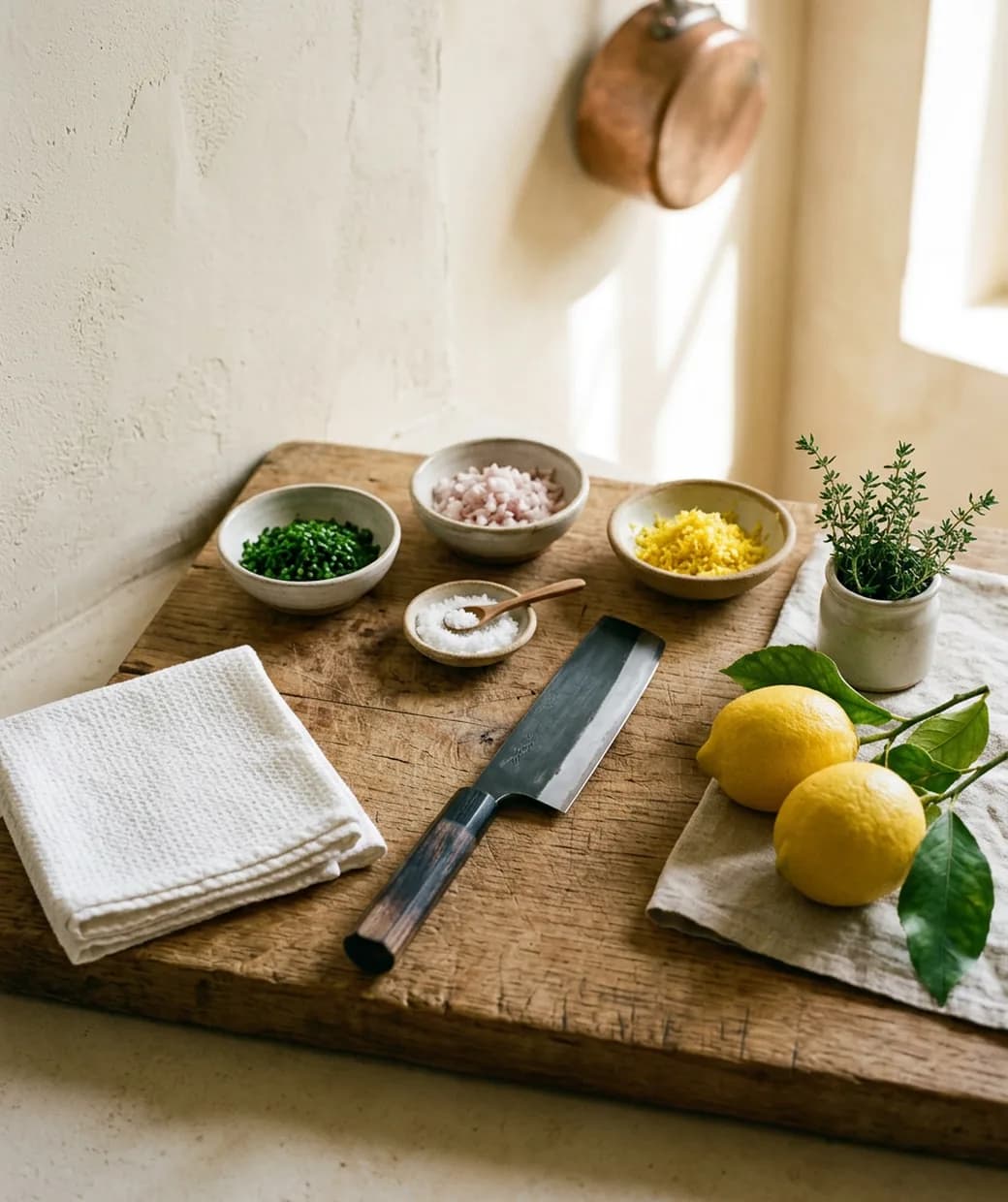 A cook preparing ingredients at a counter.