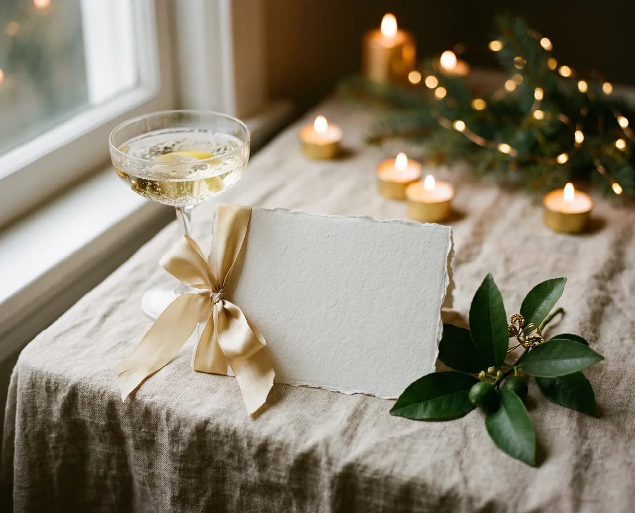 A wrapped gift and a card on linen.